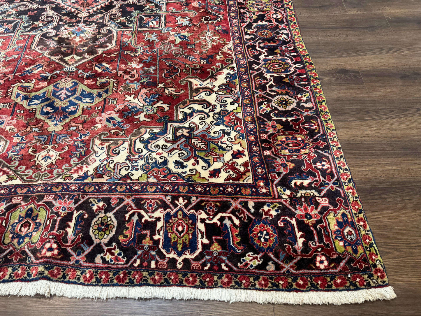 Antique Persian Heriz Rug 8x11, Geometric Tribal Wool Carpet, Brick Red - Nuvé