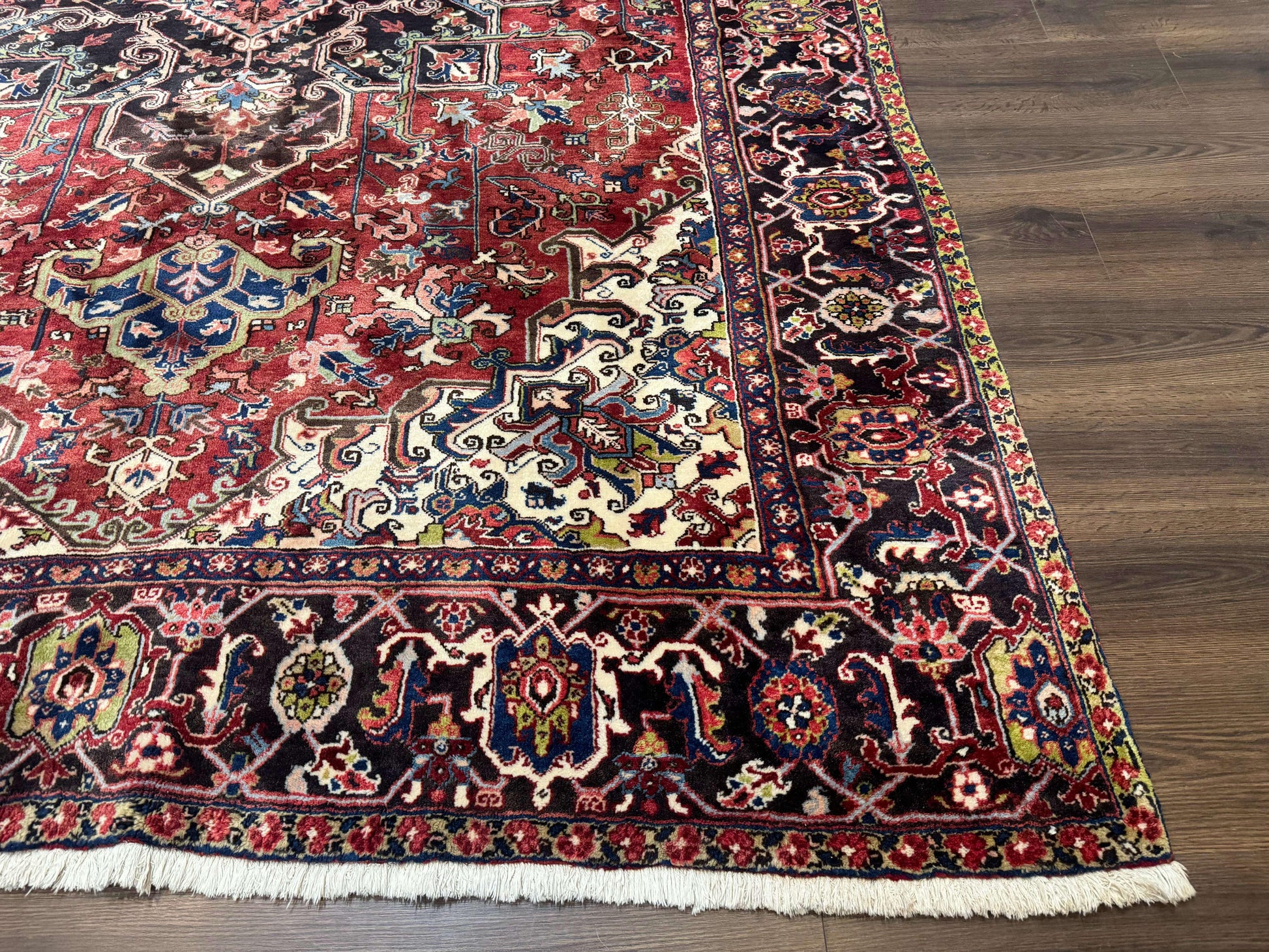 Antique Persian Heriz Rug 8x11, Geometric Tribal Wool Carpet, Brick Red - Nuvé
