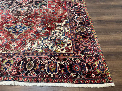 Antique Persian Heriz Rug 8x11, Geometric Tribal Wool Carpet, Brick Red - Nuvé