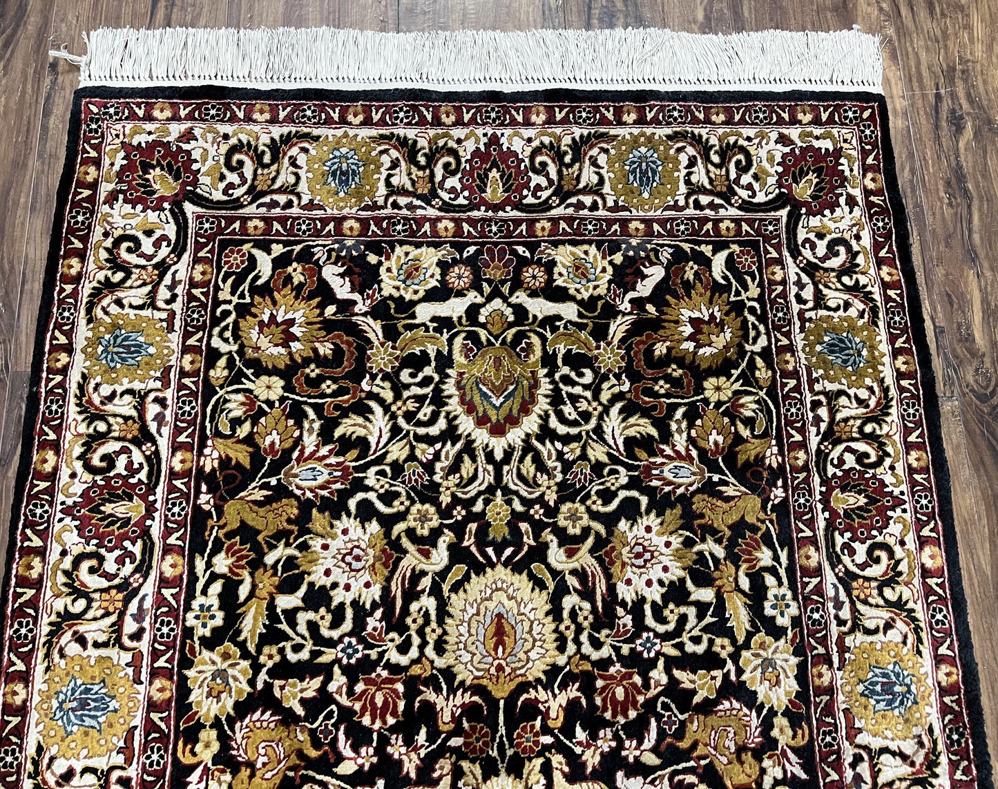 Sino Persian Silk Rug 3x5 Oriental Carpet 3 x 5 Fine Silk Rug, Black Ivory Gold, Animal Motifs, Flowers, High Quality, Vintage Silk Rug Wow - Nuvé