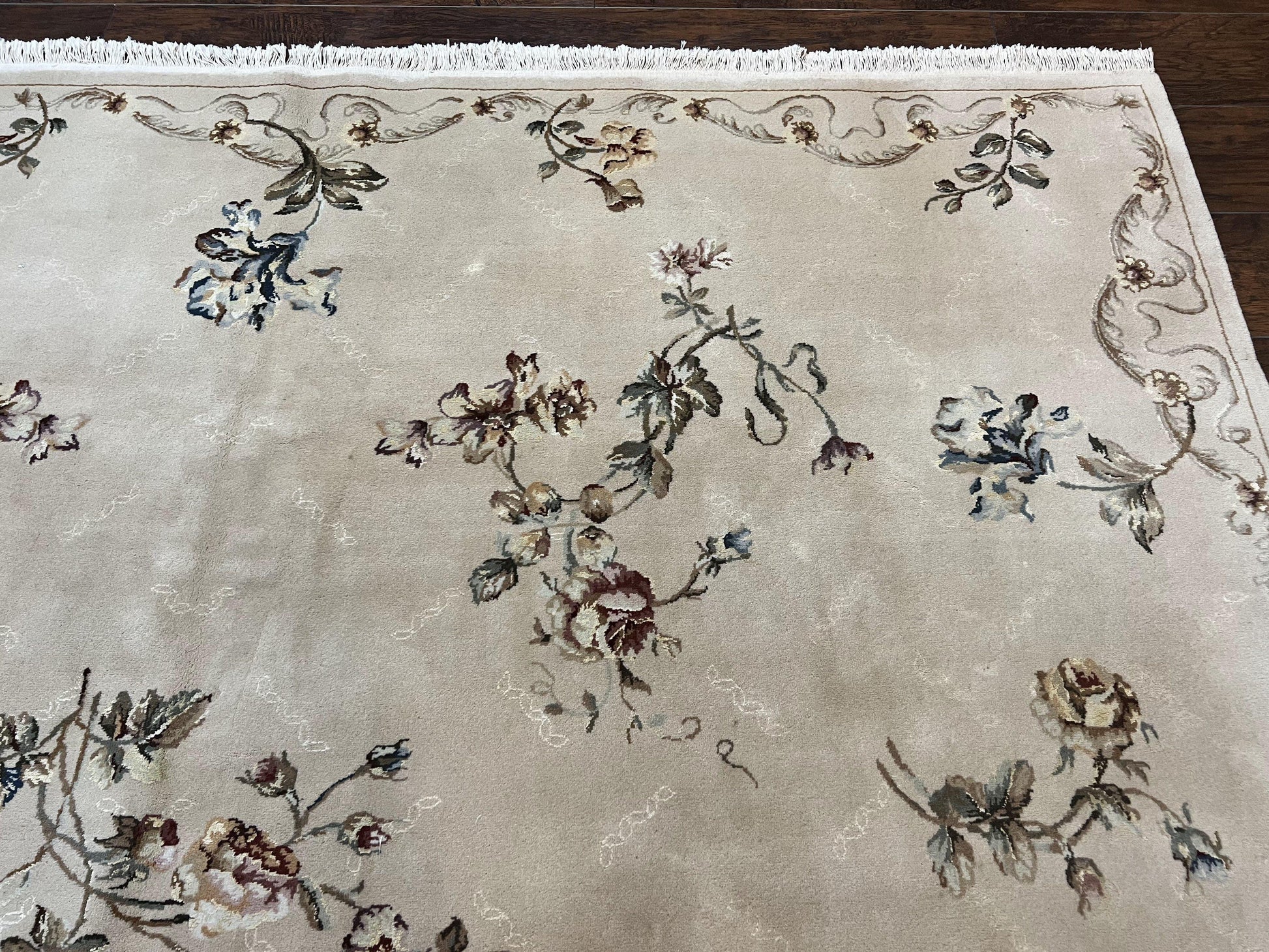 Chinese 120 Line Rug 8x10, Chinese Aubusson Wool & Silk Highlights Handmade Vintage Carpet, Beige Fine Weave Rug, Floral European Design - Nuvé