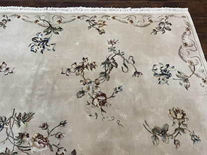 Chinese 120 Line Rug 8x10, Chinese Aubusson Wool & Silk Highlights Handmade Vintage Carpet, Beige Fine Weave Rug, Floral European Design - Nuvé