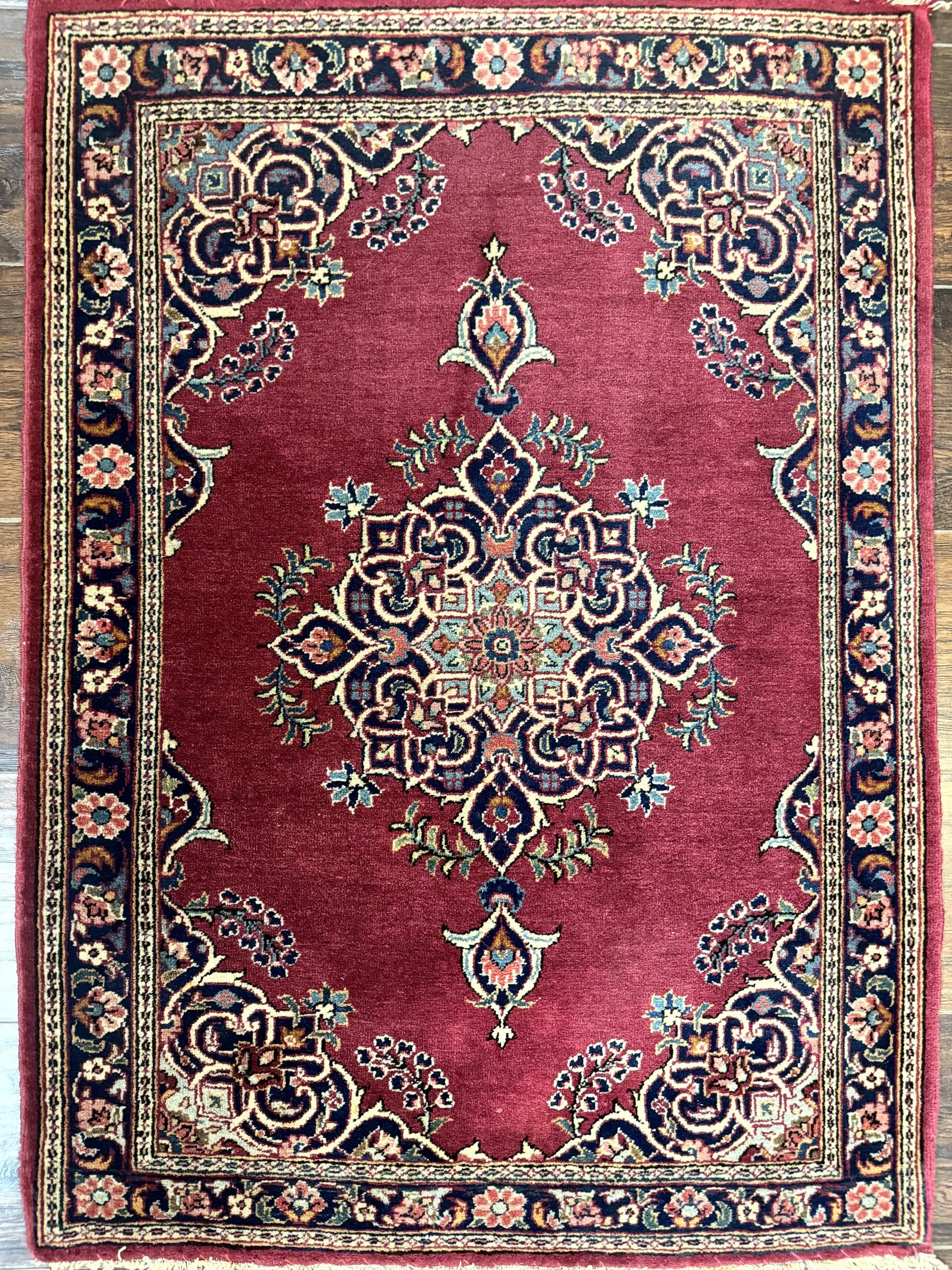 Small Persian Kashan Rug 2x3, Red and Navy Blue, Handmade Vintage Wool Semi Antique Persian Carpet, Semi Open Field - Nuvé