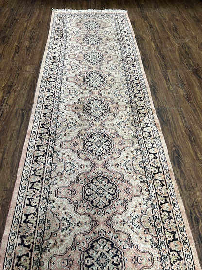 Silk Kashmiri Runner 2.7 x 10 ft Vintage Rug, Ivory Pastel Pink, Hand-Knotted Vintage Runner, Hallway Carpet, Indian Rug Medallion Runner - Nuvé
