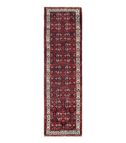 Persian Tribal Runner 3 x 9, Hamadan Dargazin Rug, Dark Blue and Red Wool Hand Knotted Hallway Rug, Vintage Antique Oriental Runner, 9ft Long Runner, Herati