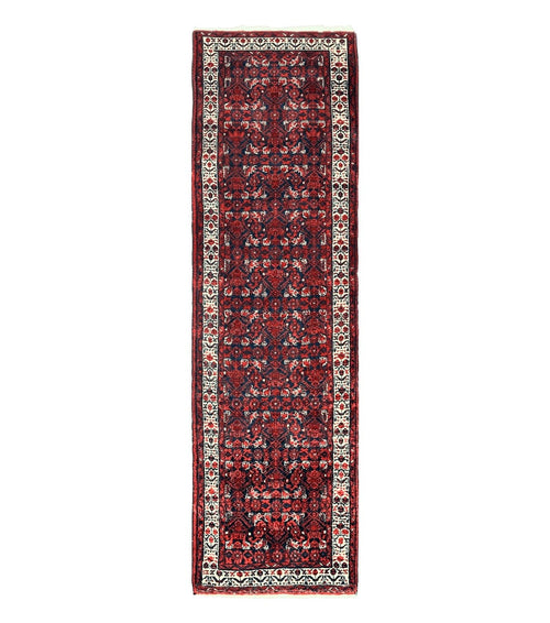 Persian Tribal Runner 3 x 9, Hamadan Dargazin Rug, Dark Blue and Red Wool Hand Knotted Hallway Rug, Vintage Antique Oriental Runner, 9ft Long Runner, Herati