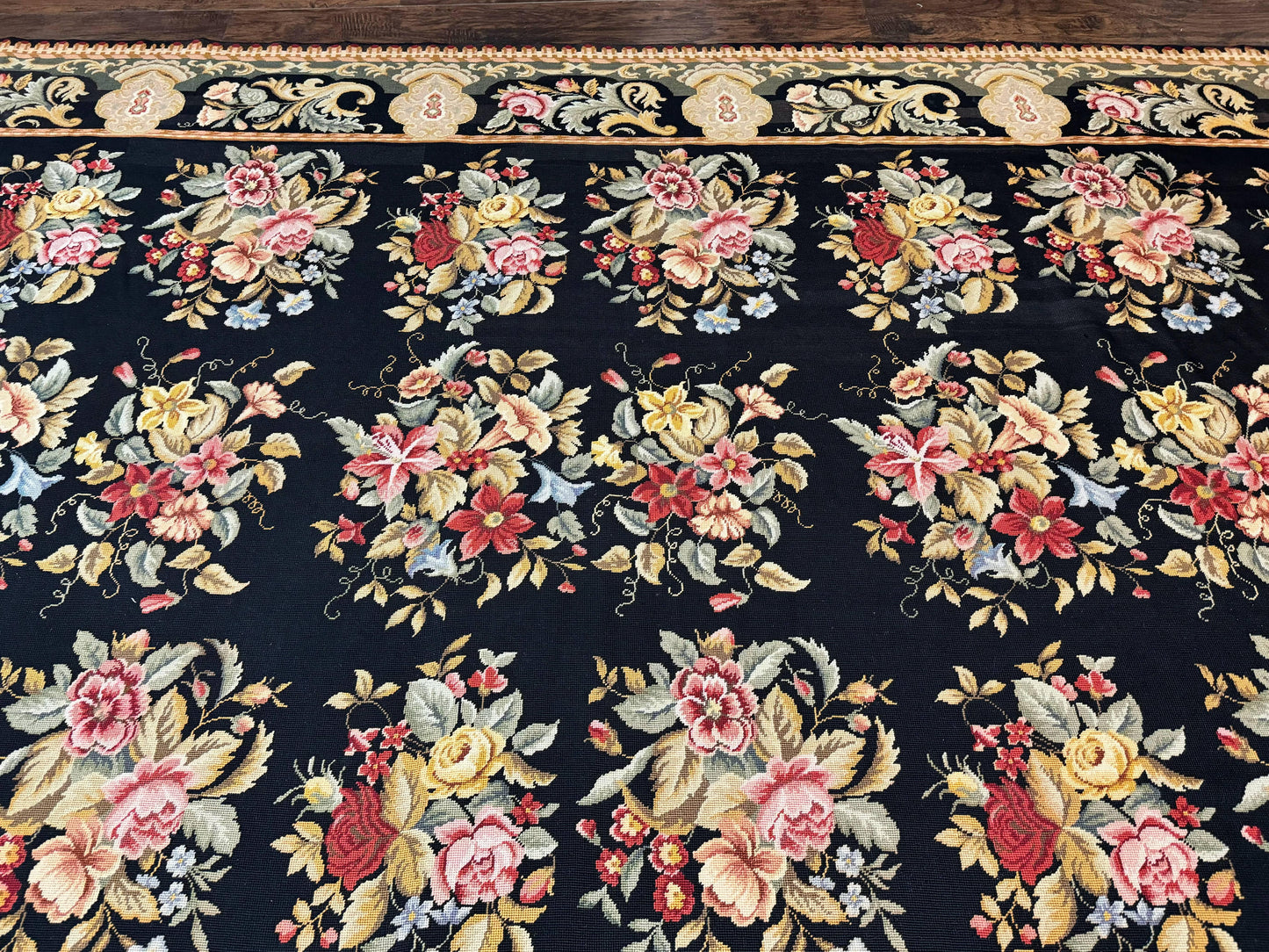 Palace Size Needlepoint Rug 12x16, Black and Colorful, Floral Panel, Handmade Oversized Wool Needlepoint Carpet, Rare - Nuvé