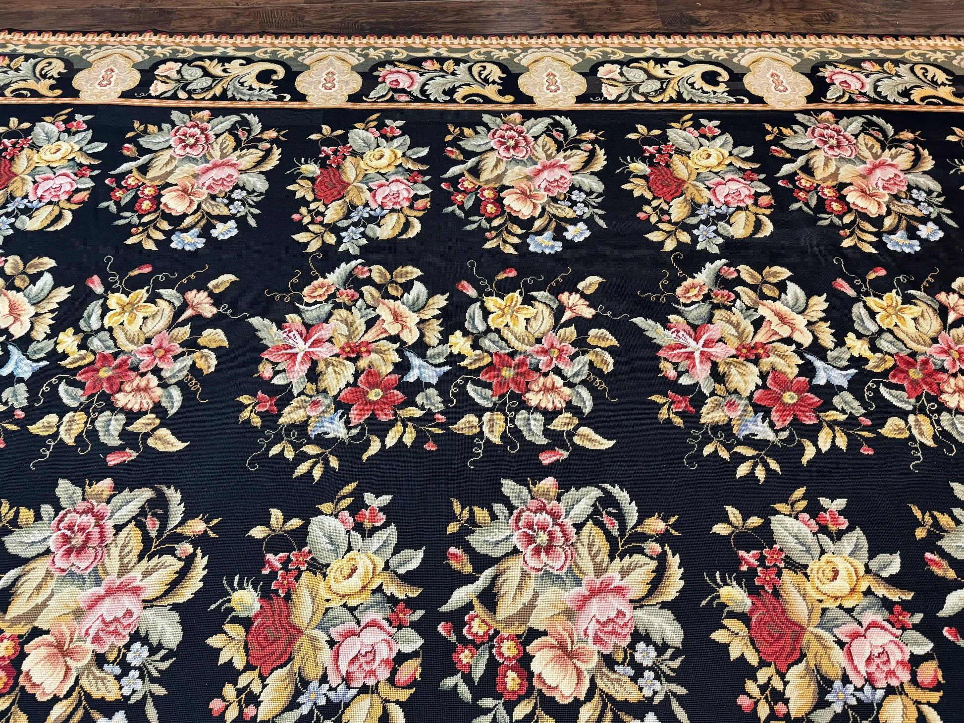 Palace Size Needlepoint Rug 12x16, Black and Colorful, Floral Panel, Handmade Oversized Wool Needlepoint Carpet, Rare - Nuvé