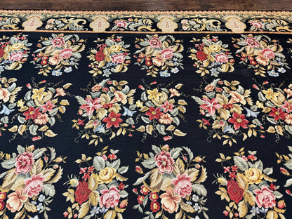 Palace Size Needlepoint Rug 12x16, Black and Colorful, Floral Panel, Handmade Oversized Wool Needlepoint Carpet, Rare - Nuvé