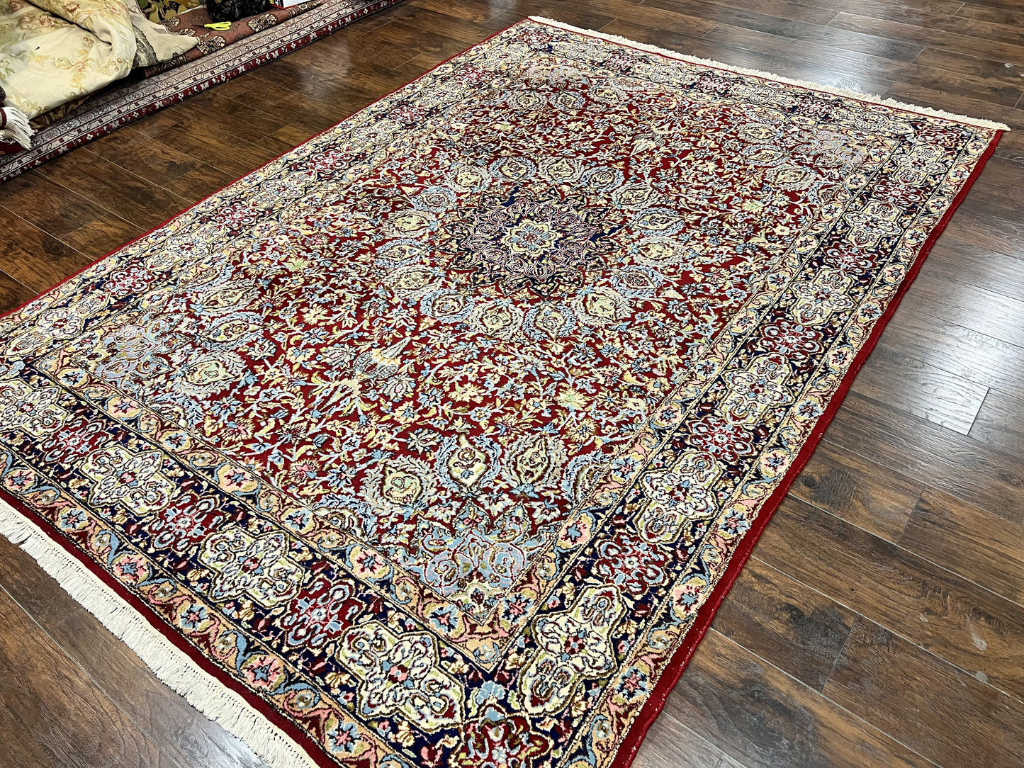 Persian Rug 7x10, Kirman Oriental Carpet 7 x 10 ft, Hand Knotted Wool Floral Medallion Semi Antique Persian Rug, Dark Red Light Blue Vintage - Nuvé