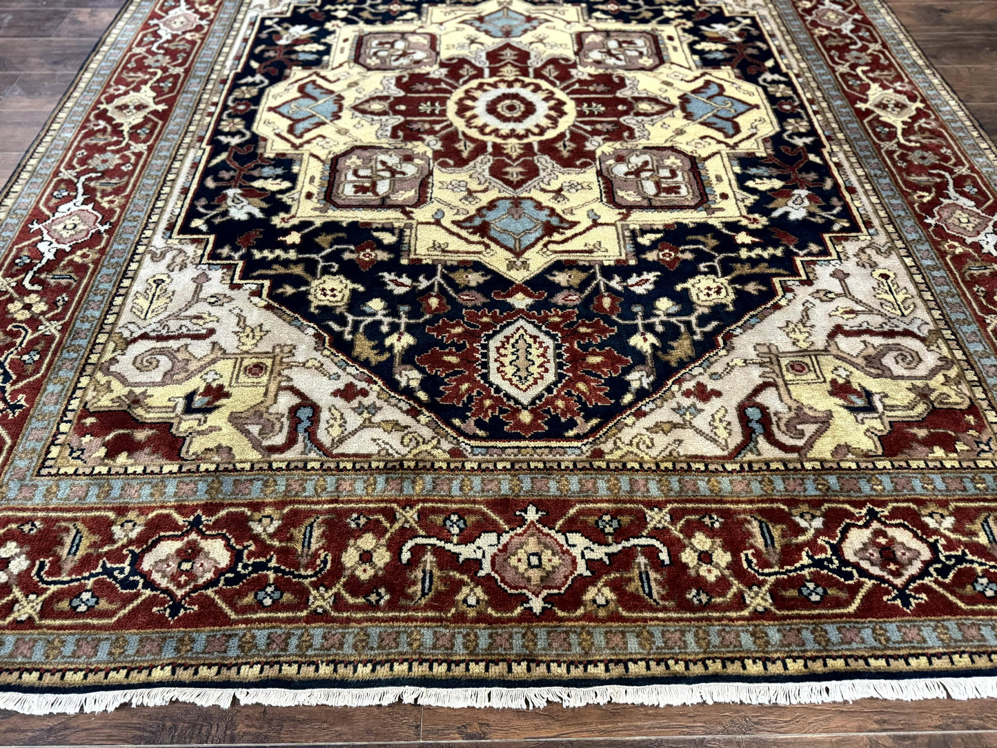 Indo Persian Heriz Rug 8x10, Geometric Medallion, Serapi Carpet, Wool Vintage Rug - Nuvé