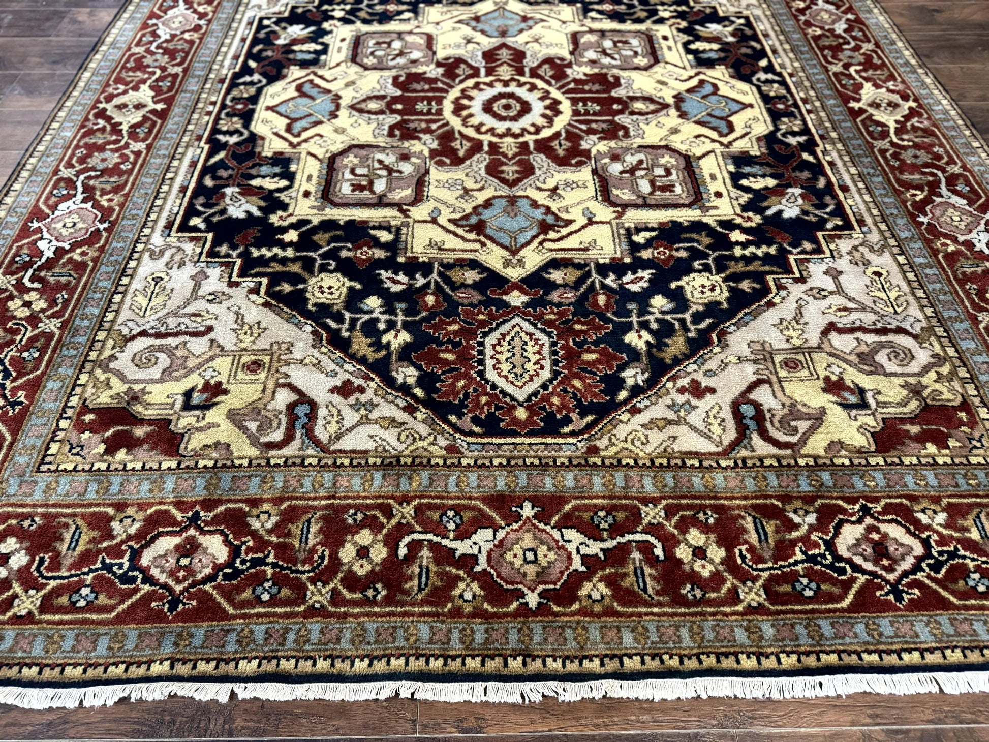 Indo Persian Heriz Rug 8x10, Geometric Medallion, Serapi Carpet, Wool Vintage Rug - Nuvé