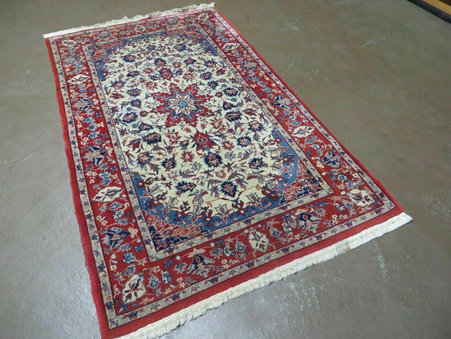 3' X 5' Vintage Handmade Authentic Oriental Floral Medallion Fine Wool Rug Beige Red and Blue Top Quality Veg Dyes - Nuvé