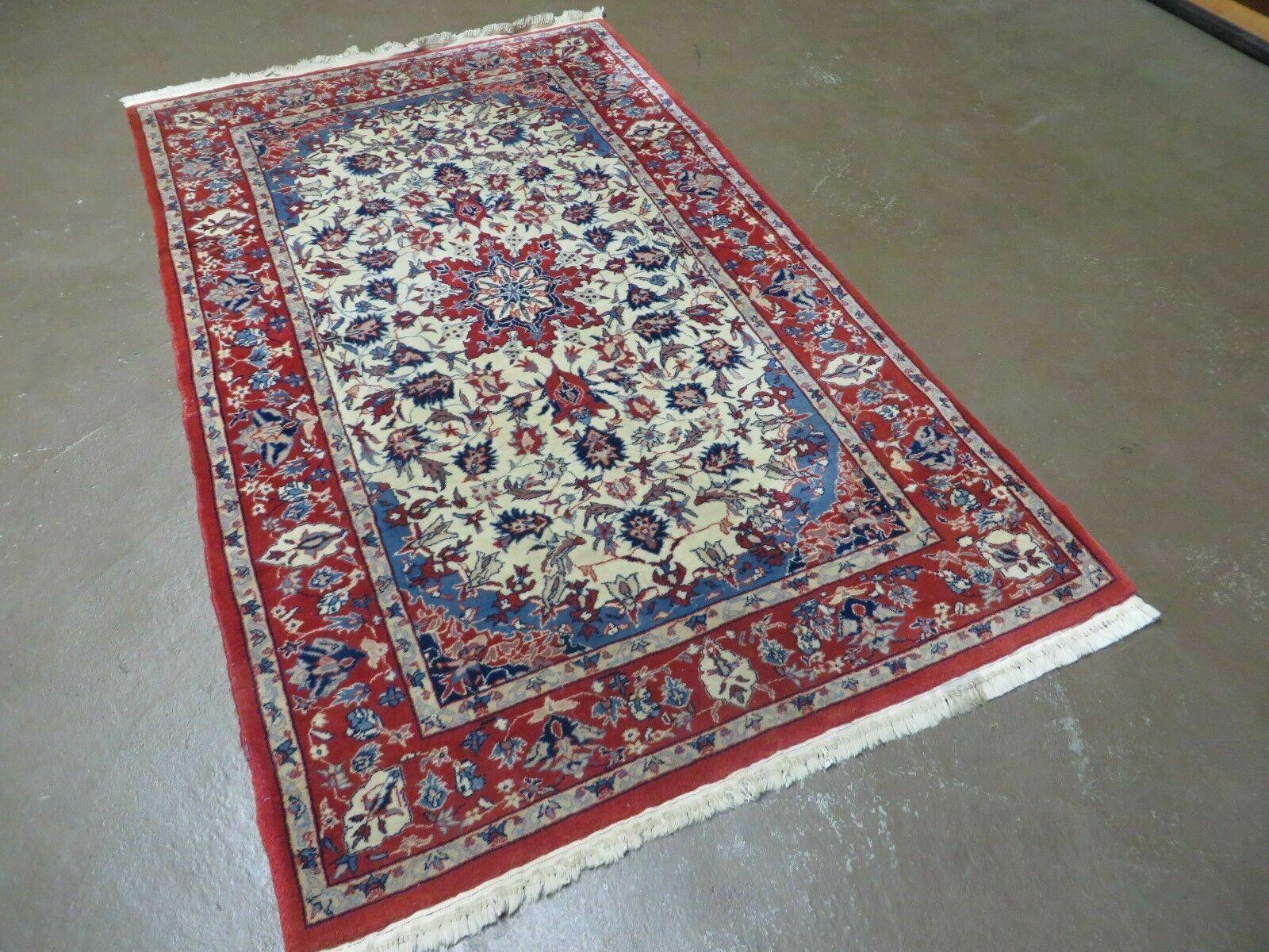 3' X 5' Vintage Handmade Authentic Oriental Floral Medallion Fine Wool Rug Beige Red and Blue Top Quality Veg Dyes - Nuvé