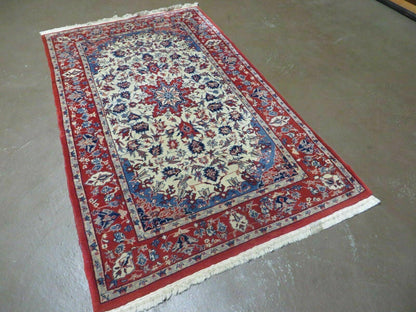 3' X 5' Vintage Handmade Authentic Oriental Floral Medallion Fine Wool Rug Beige Red and Blue Top Quality Veg Dyes - Nuvé