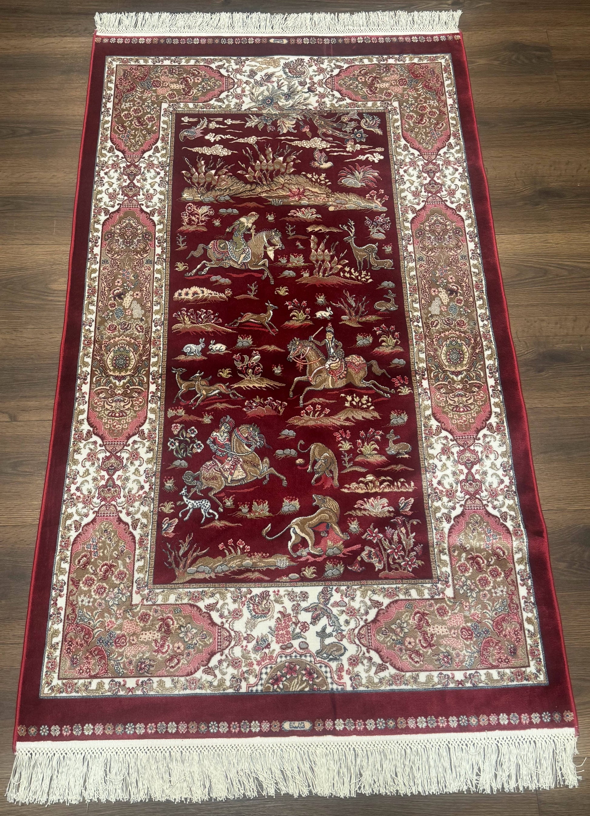 Turkish Silk Rug 3x5, Hunting Design, Dark Red & Ivory, Bamboo Silk, New - Nuvé