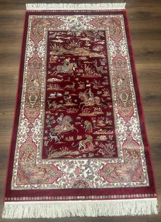Turkish Silk Rug 3x5, Hunting Design, Dark Red & Ivory, Bamboo Silk, New - Nuvé