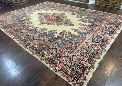 Persian Sarouk Rug 9x12, Ivory & Blue, Semi Open Field - Nuvé