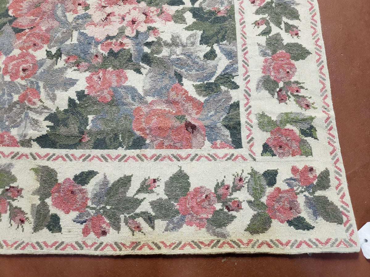 5x8 Needlepoint Rug 5' 4" x 8' 3" Wool Flat Weave Floral New Unused Carpet English Design Ivory Large Pink Flowers Green Leaves Hand-Knotted