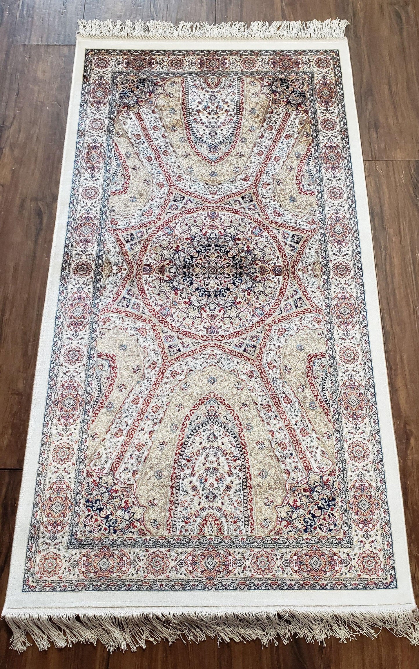 Beige & Cream Small Turkish Silk Rug, Bamboo Silk, Power-Loomed, Persian Design, High Quality, Soft Accent Rug, 3x5 ft, 2' 8" x 4' 11" - Nuvé