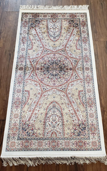 Beige & Cream Small Turkish Silk Rug, Bamboo Silk, Power-Loomed, Persian Design, High Quality, Soft Accent Rug, 3x5 ft, 2' 8" x 4' 11"