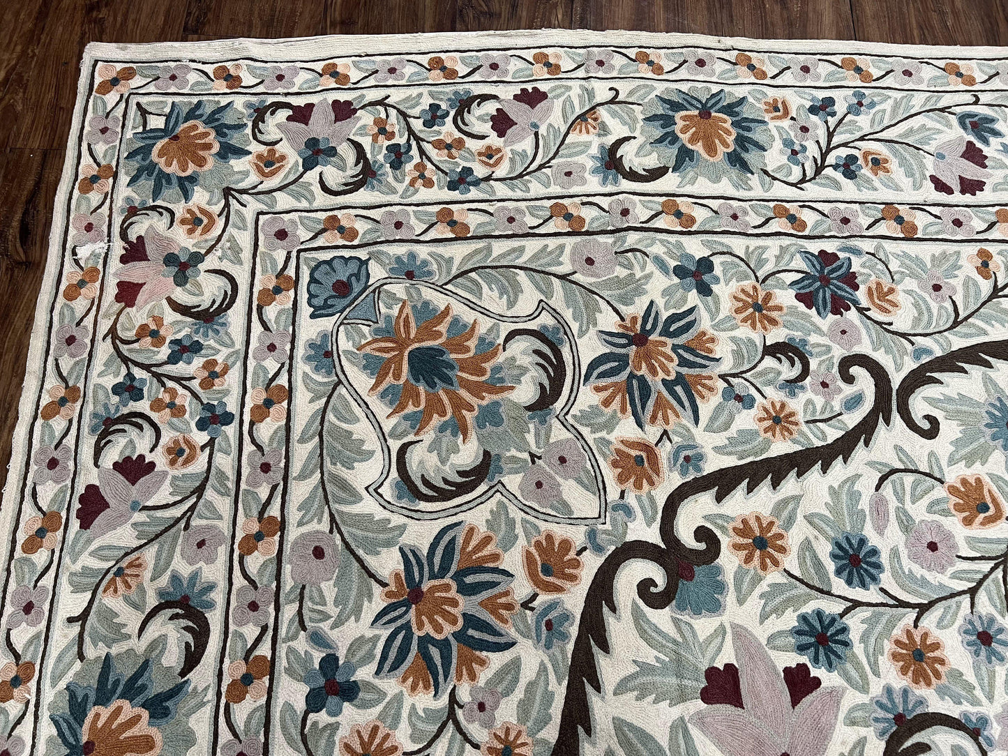 Chain Stitched Rug 9x12 Vintage Carpet 9 x 12 Flatweave Rug, Ivory Teal Rug, Area Rug 9 by 12, Hand Stitched Rug, Medallion, Indian Rug - Nuvé