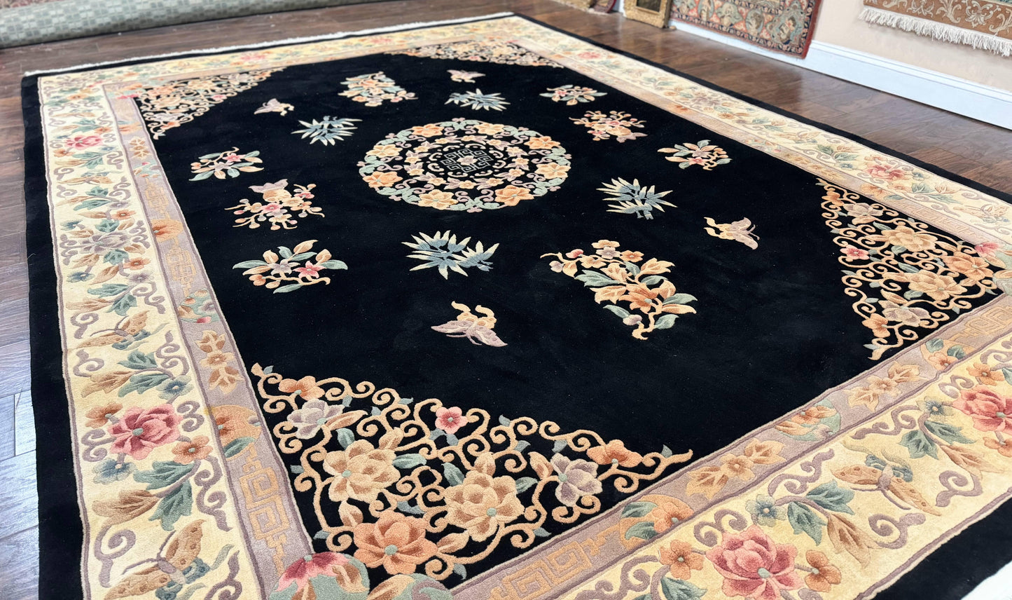 Chinese Wool Rug 9x12, Chinese Carving Carpet, Floral Medallion, Black and Beige, Butterflies, Vintage Asian Oriental Rug, 90 Line Rug - Nuvé