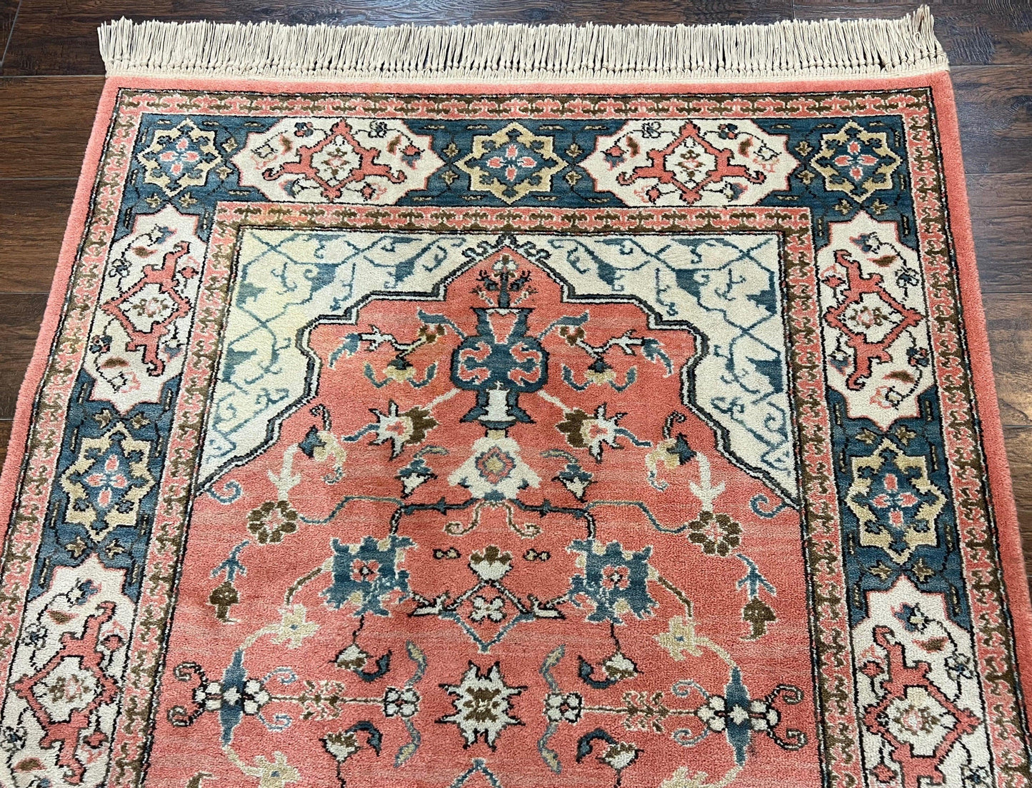 Karastan Rug 4x6 Bergama Design #737, Karastan Area Rug, Vintage Wool Karastan Carpet, Original Collection 700 Series, Salmon Red Light Blue - Nuvé