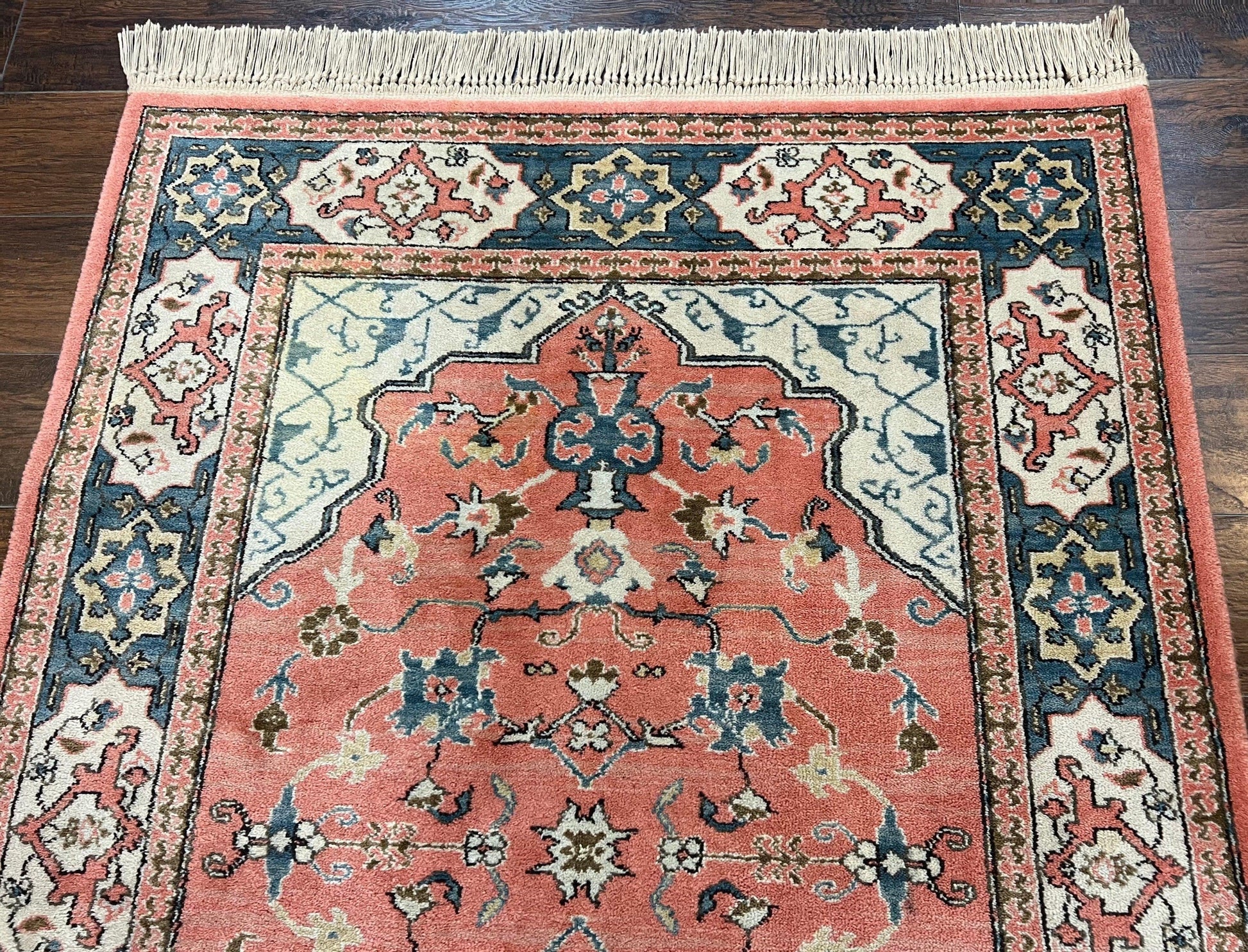 Karastan Rug 4x6 Bergama Design #737, Karastan Area Rug, Vintage Wool Karastan Carpet, Original Collection 700 Series, Salmon Red Light Blue - Nuvé
