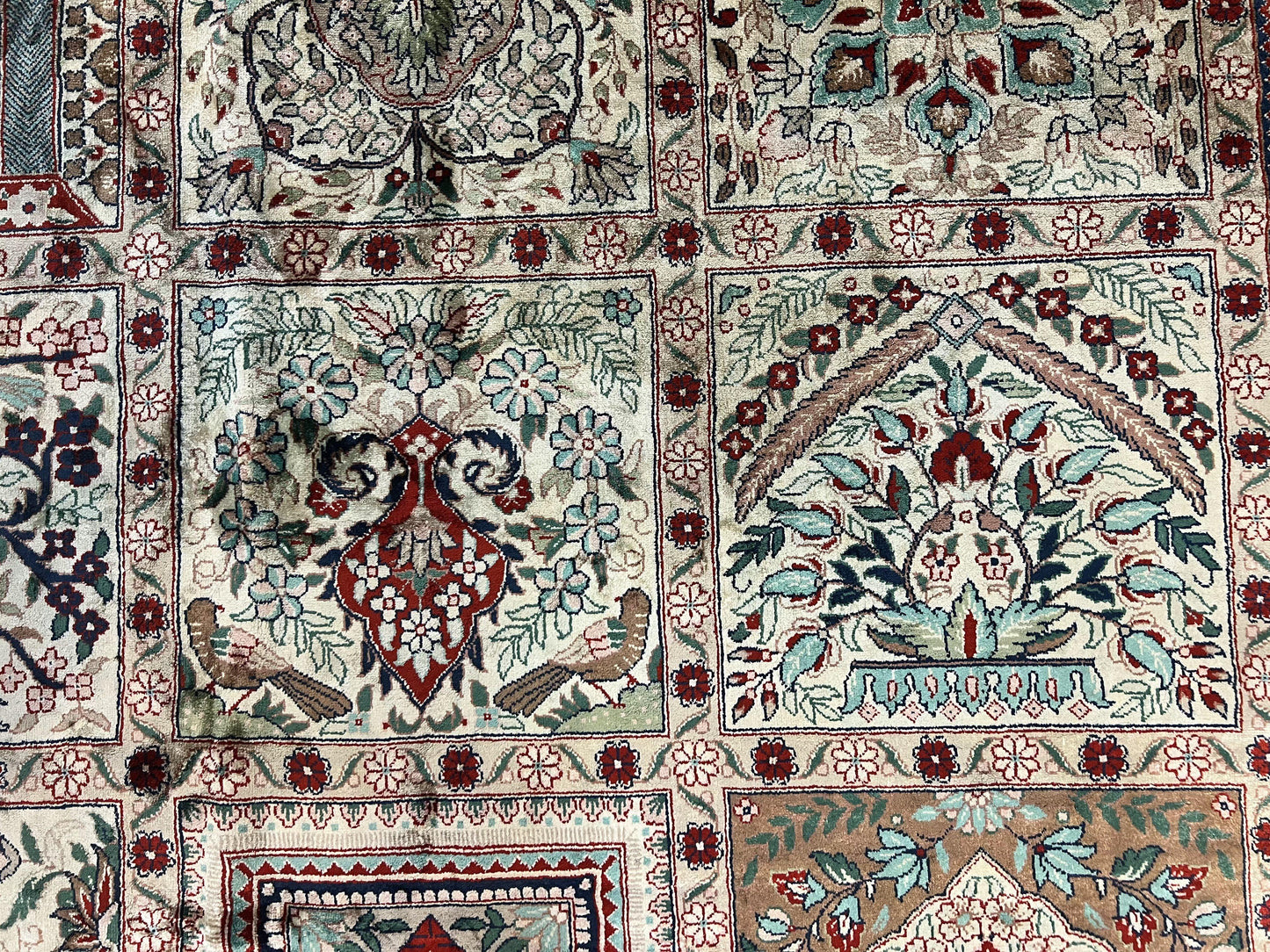 Silk Sino Persian Rug 9x12, Panel Design, Garden of Eden Pattern, Fine 200 KPSI, Hand Knotted Room Sized Silk Carpet, Vintage - Nuvé