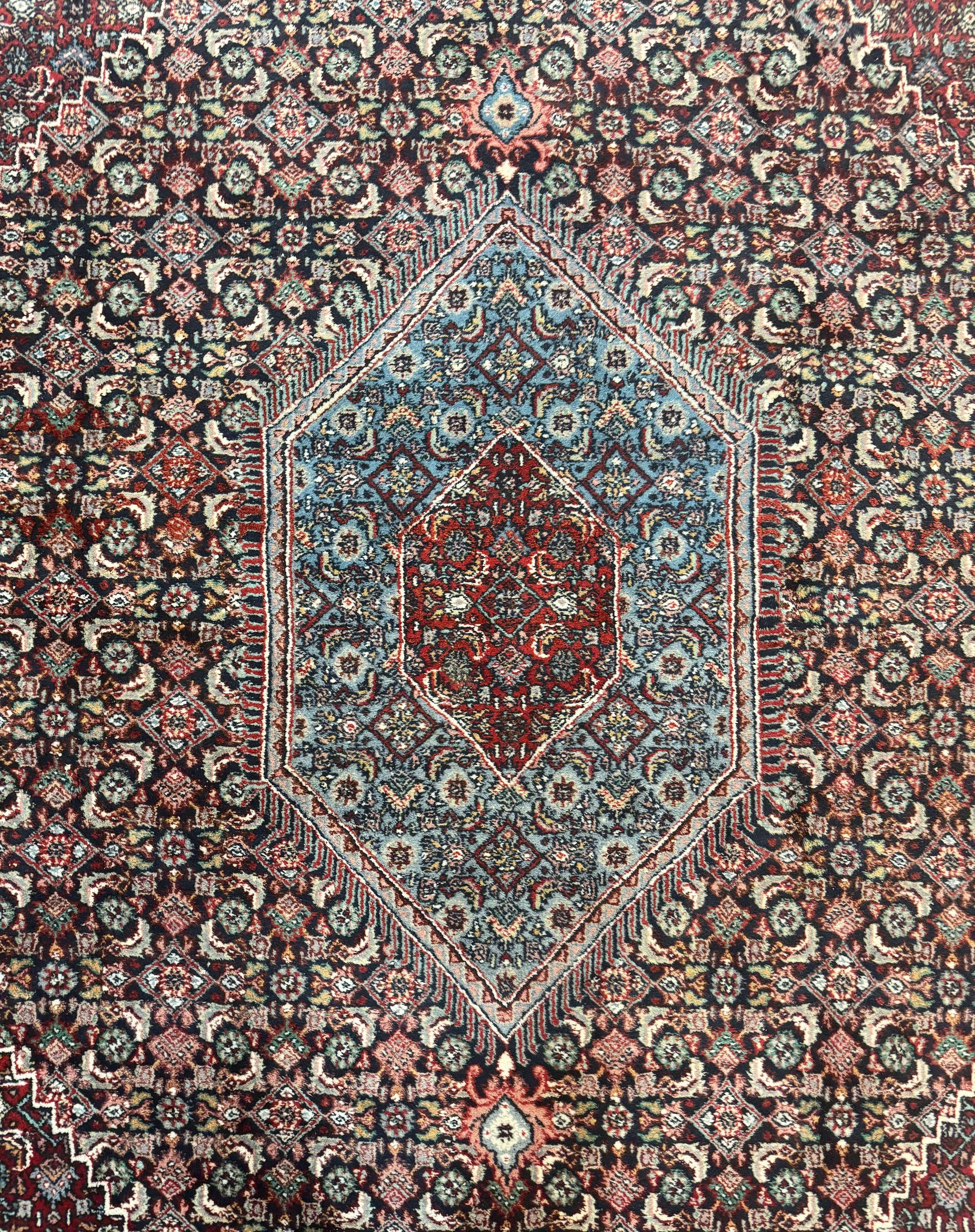 Indo Persian Bidjar Rug 8x11, Herati Mahi Pattern, Red Navy Blue, Handmade Vintage Wool Carpet - Nuvé