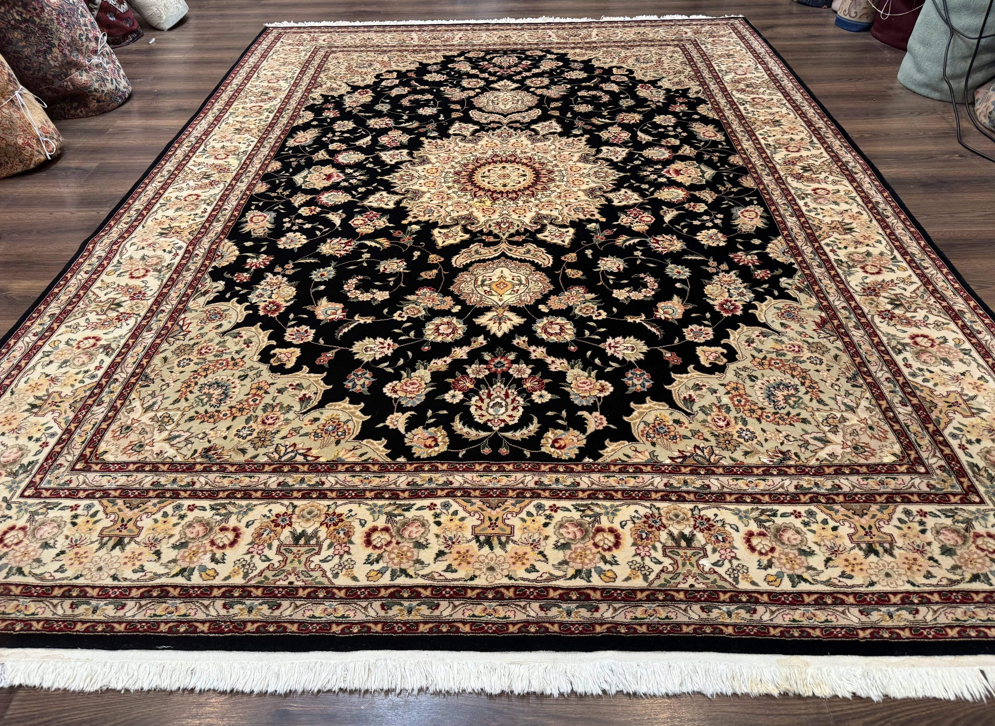 Sino Persian Rug 9x12, Black and Beige, Floral Medallion, Wool & Silk, Handmade - Nuvé