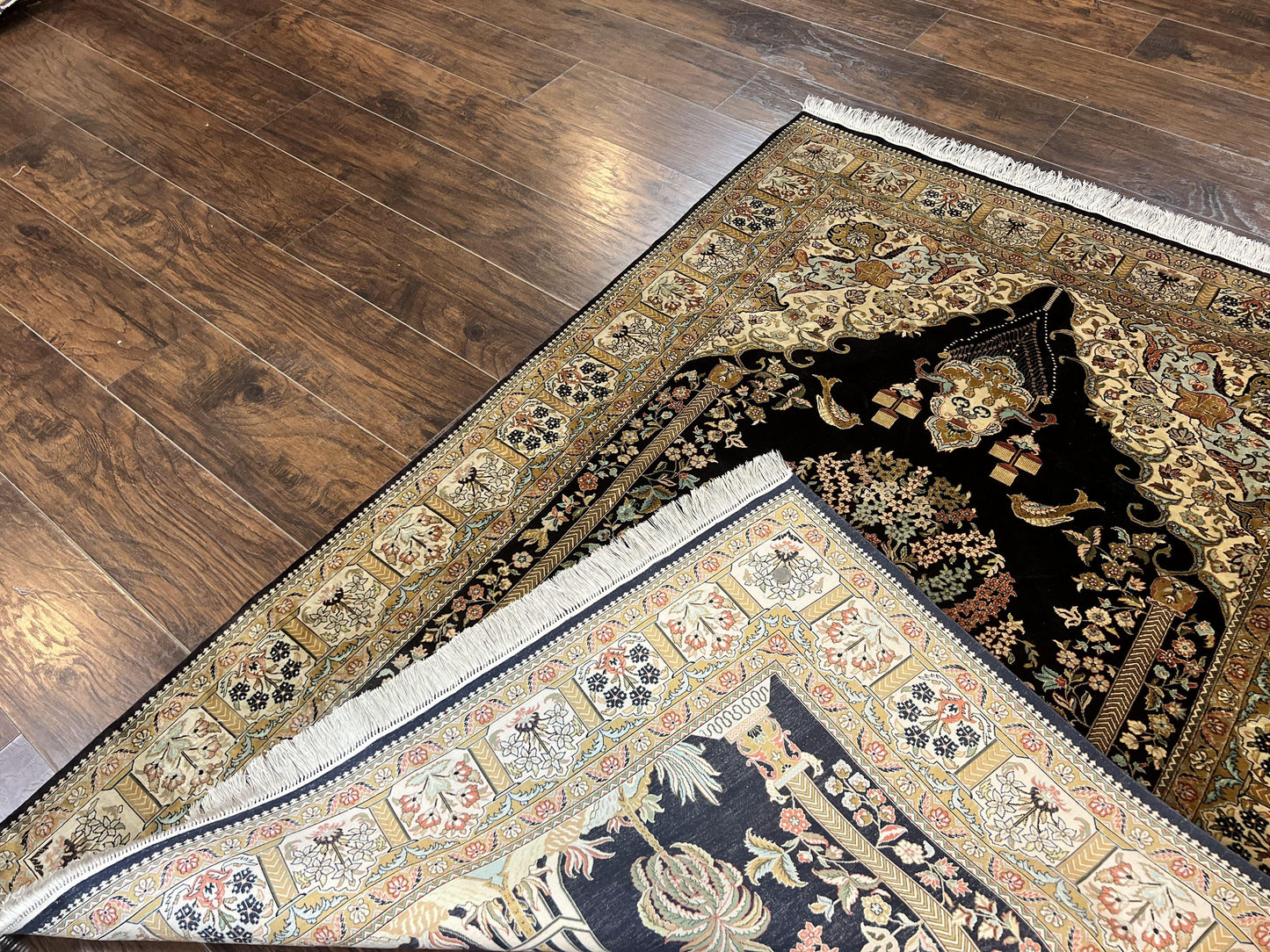 Wonderful Sino Persian Silk Rug 4x6, Tree of LIfe Design, Masterpiece 575 KPSI, Birds, Prayer Rug, Black, Silk on Silk - Nuvé