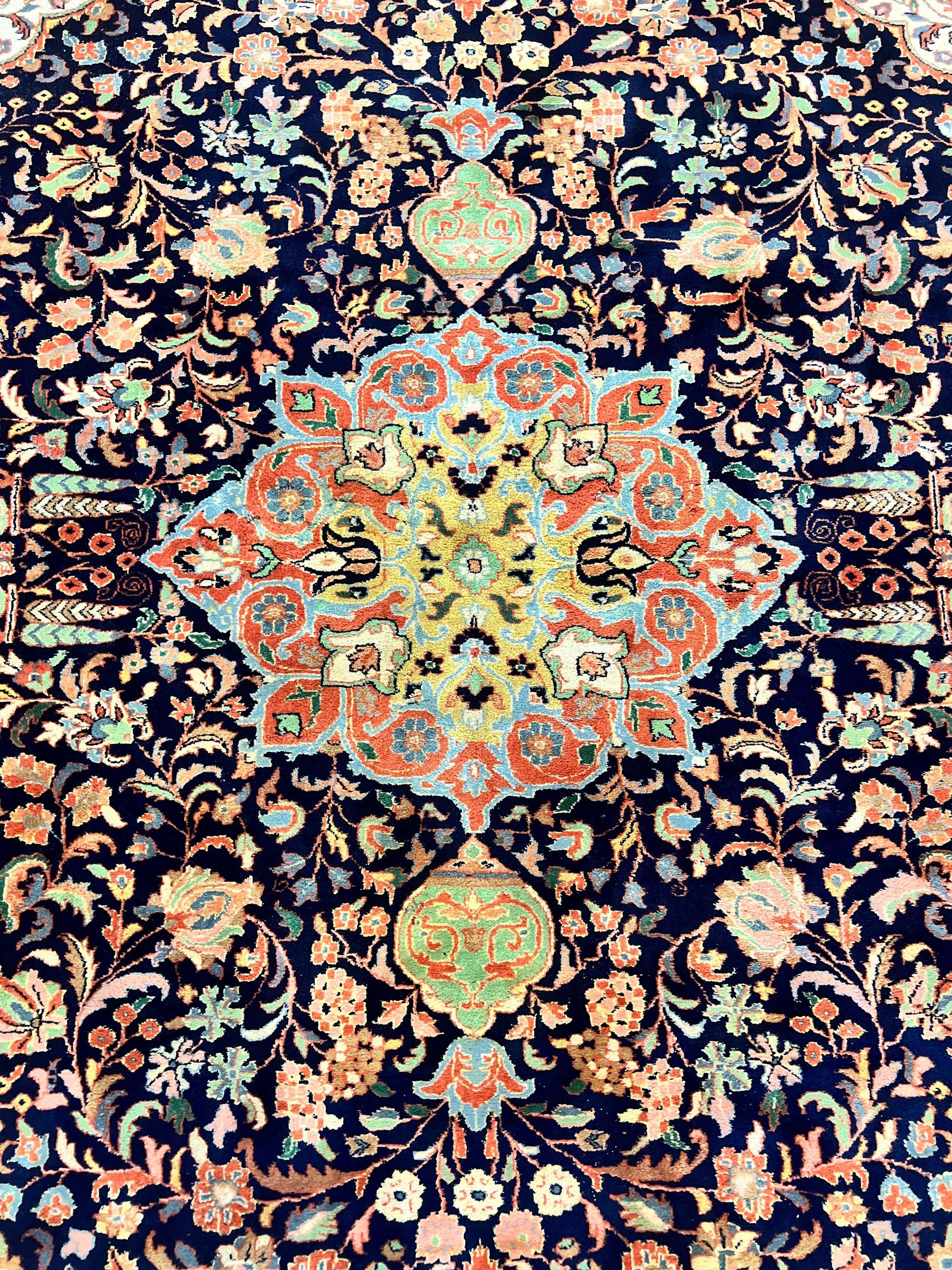 Indo Persian Rug 8x10, Midnight Blue & Red, Handmade Vintage Wool Carpet, Floral Medallion - Nuvé