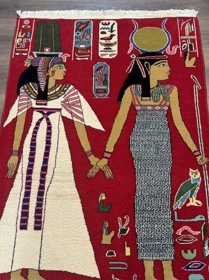 Egyptian Pictorial Rug 3x4, Hieroglyphic Pictorial Rug, Egyptian Prince and Princess, Cleopatra, Vintage Handmade, Red - Nuvé