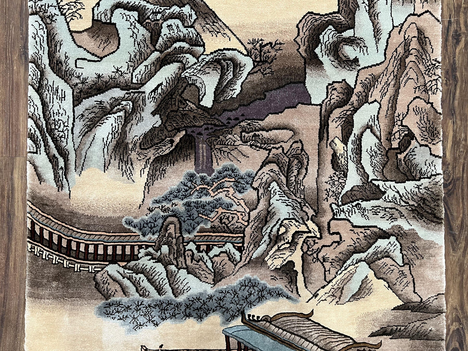 Silk Chinese Wall Hanging Rug 3x6 ft Tapestry, Pagoda Scene, Pictorial, High Quality Fine Hand Knotted Vintage, Asian Oriental Handmade Nice - Nuvé