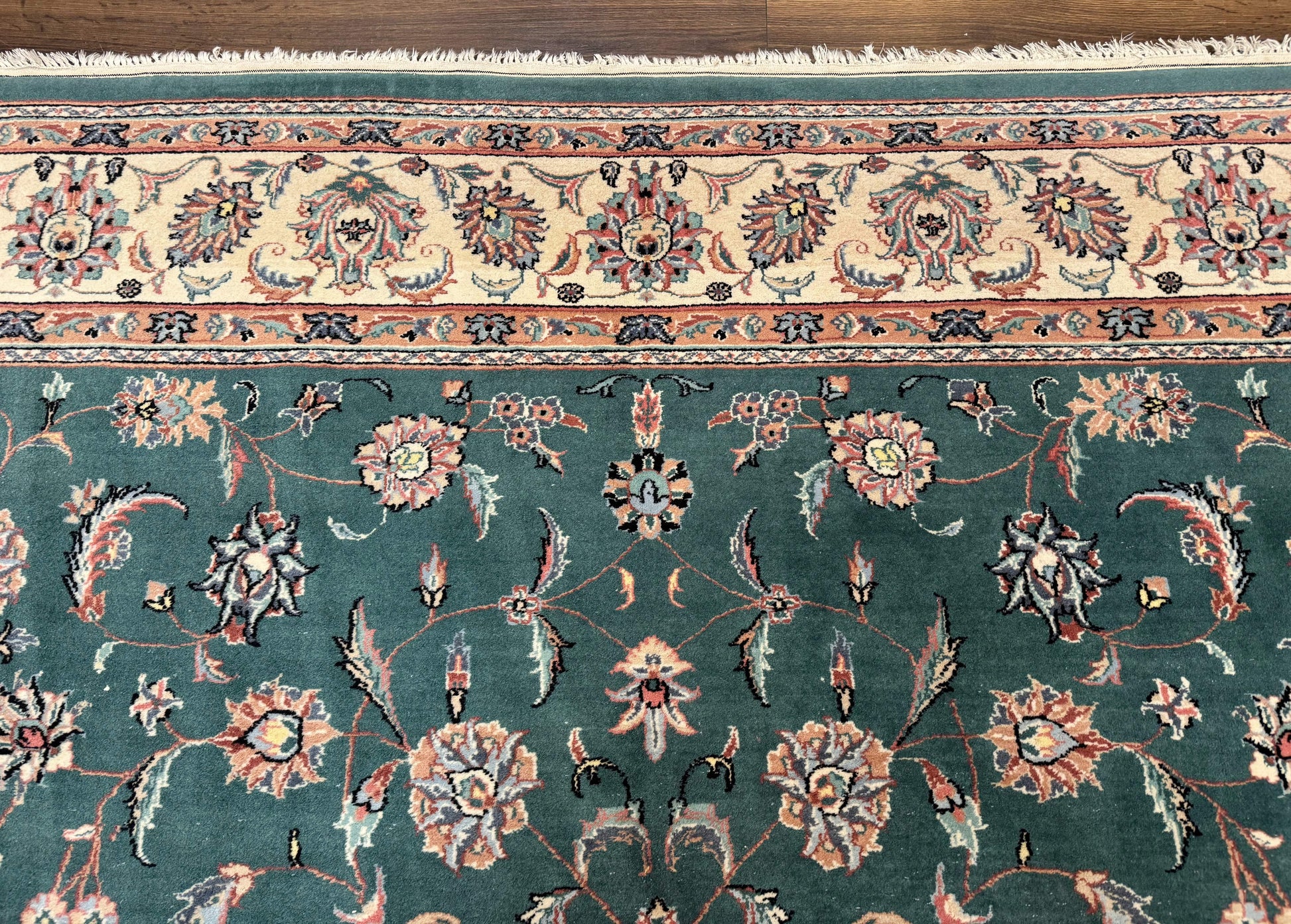 Indo Persian Rug 8x10, Green and Beige Oriental Carpet, Traditional Wool Area Rug, Floral Allover Pattern - Nuvé