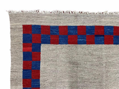 5' 7" x 7' 9" Geometric Kilim Carpet, Gray, Handmade, Hand-Knotted Area Rug, Blue & Red, Flatweave, Wool, New, Checkerboard Pattern