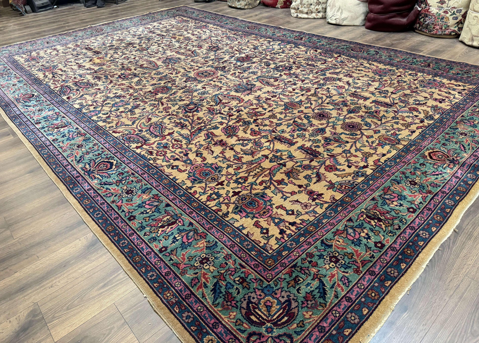Antique Persian Rug 10x15, Camel and Cyan, Allover Pattern, Rare, Samarkand Rug - Nuvé