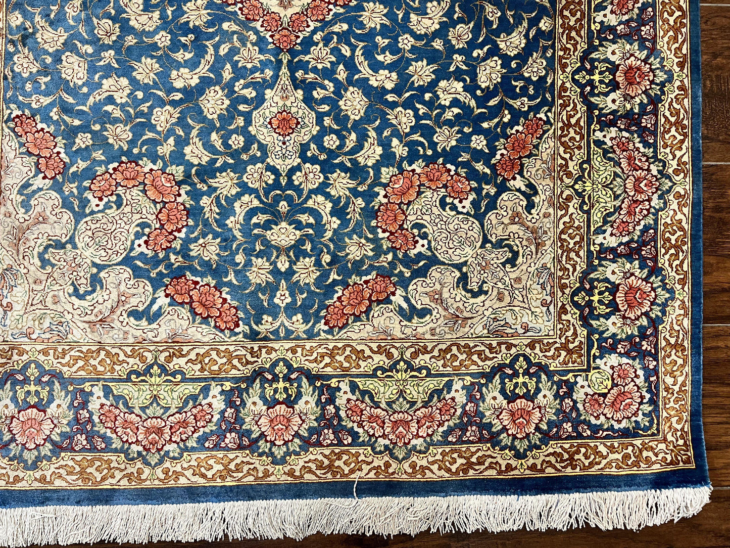 Magnificent Persian Qum Silk Rug 3x5, Blue, Super Fine 675 KPSI - 70 Raj, Floral Roses, Handmade Vintage Silk Carpet, Masterpiece - Nuvé