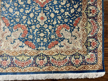 Magnificent Persian Qum Silk Rug 3x5, Blue, Super Fine 675 KPSI - 70 Raj, Floral Roses, Handmade Vintage Silk Carpet, Masterpiece - Nuvé