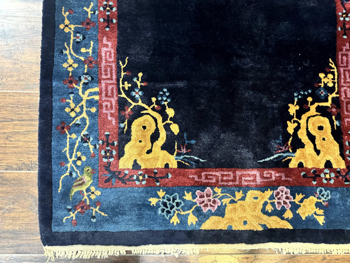 Antique Chinese Peking Rug 3x6, Dark Blue, Bird Motif, Handmade Wool Art Deco Asian Oriental Carpet, Pair B
