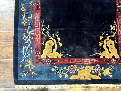 Antique Chinese Peking Rug 3x6, Dark Blue, Bird Motif, Handmade Wool Art Deco Asian Oriental Carpet, Pair B