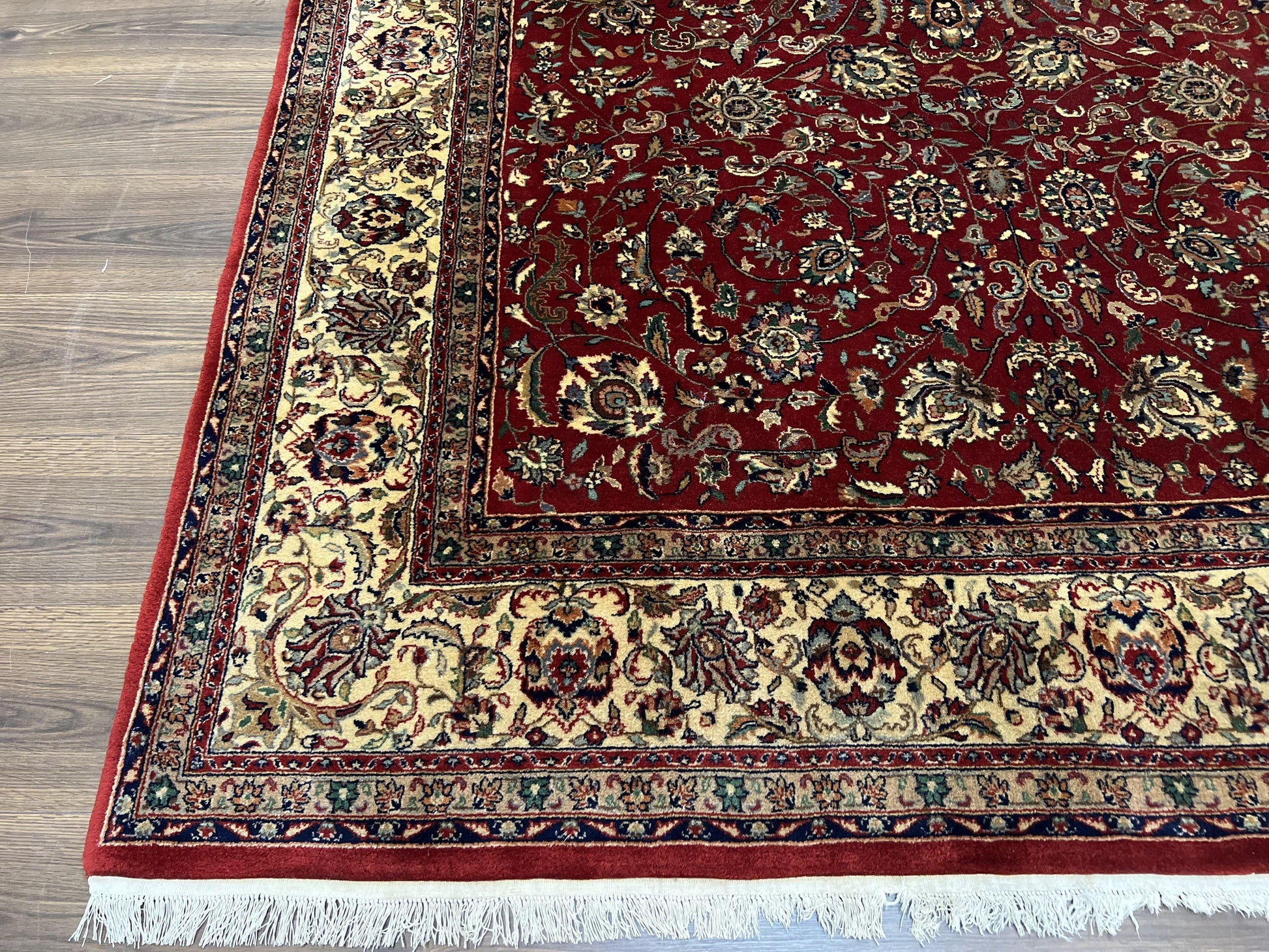 Vintage Indo Persian Rug 6x9, Very Finely Hand-Knotted Carpet 6 x 9 Red Cream Indian Oriental Carpet, Traditional Floral Wool Area Rug 1970s - Nuvé