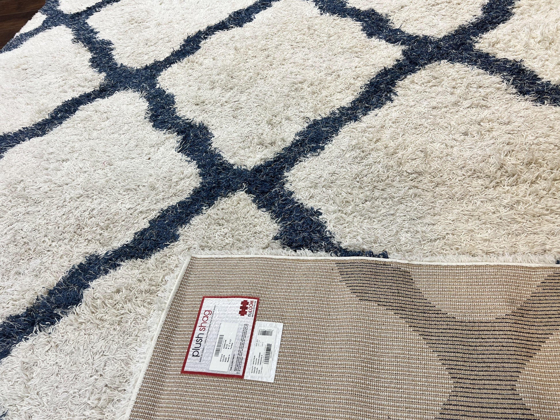 Modern Shag Rug 9x12, Ivory and Dark Blue, Diamond Pattern, Soft, Room Sized, Contemporary Rug, Plush - Nuvé