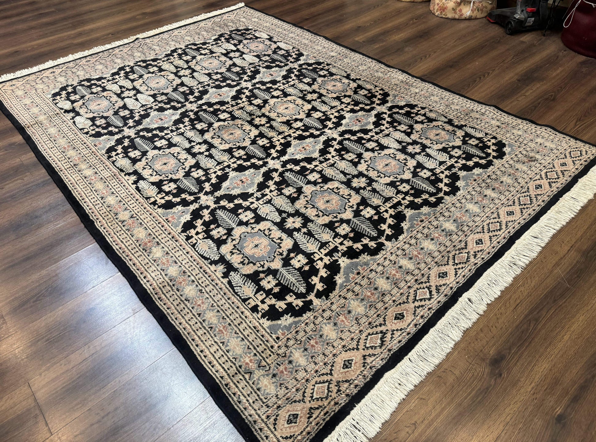 Turkoman Bokhara Rug 6x9, Pakistani Carpet, Black, Hand Knotted - Nuvé