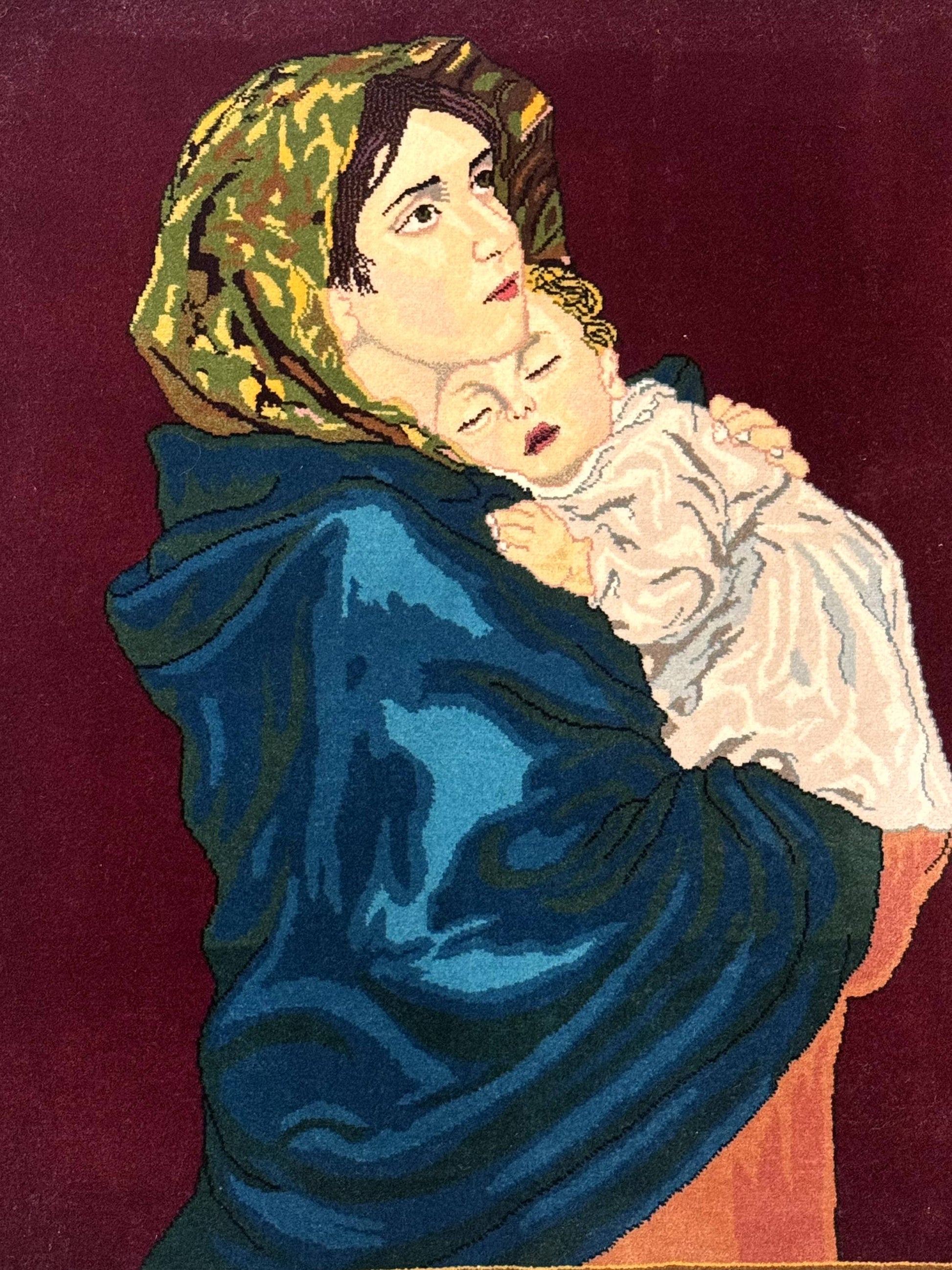 Small Persian Tabriz Pictorial Rug 2x2, Mother Holding Child, Very Fine 340 KPSI, Maroon - Nuvé