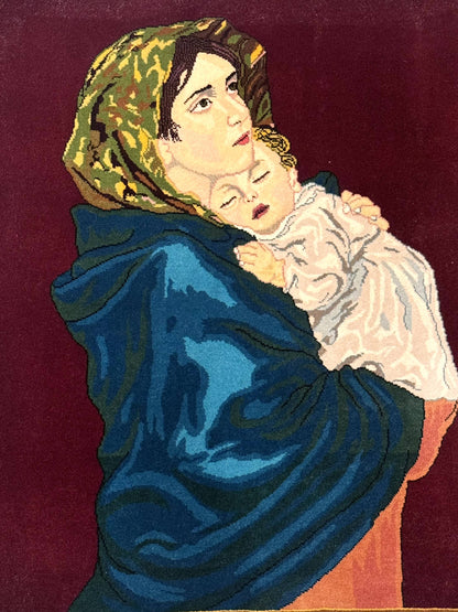 Small Persian Tabriz Pictorial Rug 2x2, Mother Holding Child, Very Fine 340 KPSI, Maroon - Nuvé