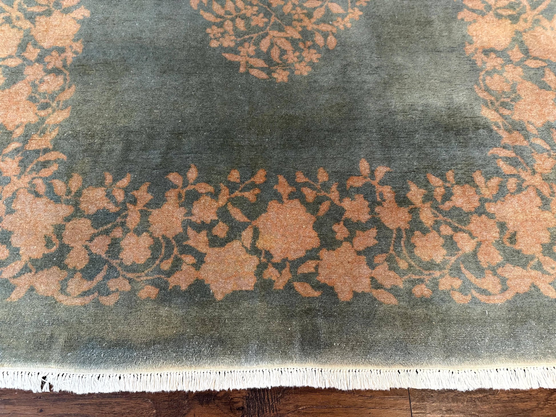 Teal Chinese Wool Rug 6x8, Vintage Handmade Carpet, Floral, Semi Open Field - Nuvé