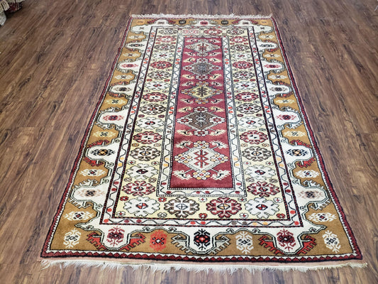 Turkish Caucasian Rug 4x7, Vintage Hand-Knotted Wool Turkish Talish Carpet 4 x 7, Cream, Burnt Orange Carmine Red Area Rug, Bohemian Rug - Nuvé